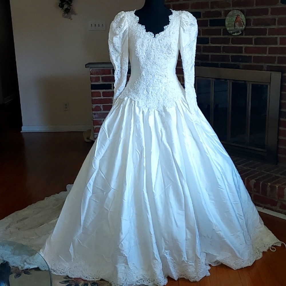 Vintage Michele Vincent Dupioni Silk Wedding Gown with Pearls and Lace